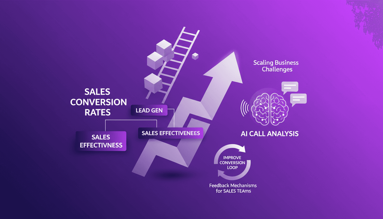 Illustration moderne des taux de conversion des ventes, analyse des appels par IA, défis de croissance durable, rétroaction pour équipes de vente.