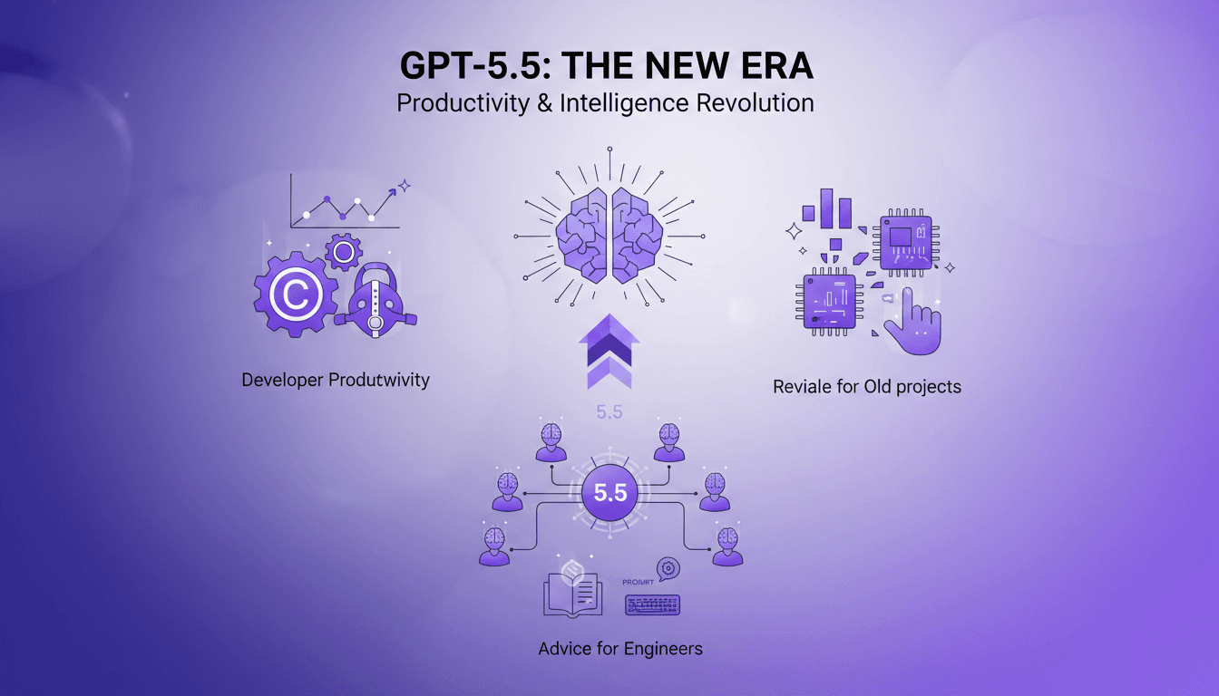 Illustration moderne de l'impact de GPT-5.5 sur la productivité et l'intelligence, montrant des formes géométriques et des dégradés violets.