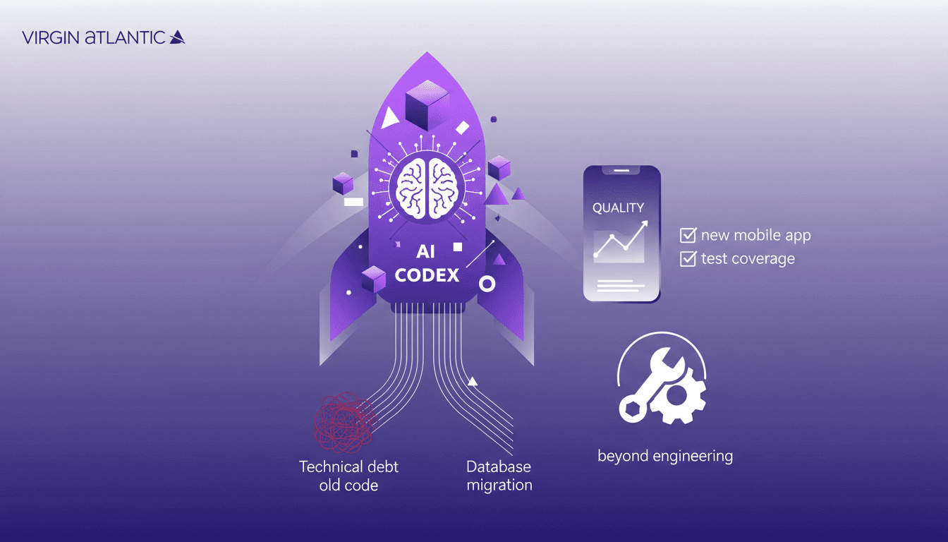 Illustration moderne de l'impact de Codex sur la vitesse d'équipe chez Virgin Atlantic, réduction de la dette technique et amélioration des performances.