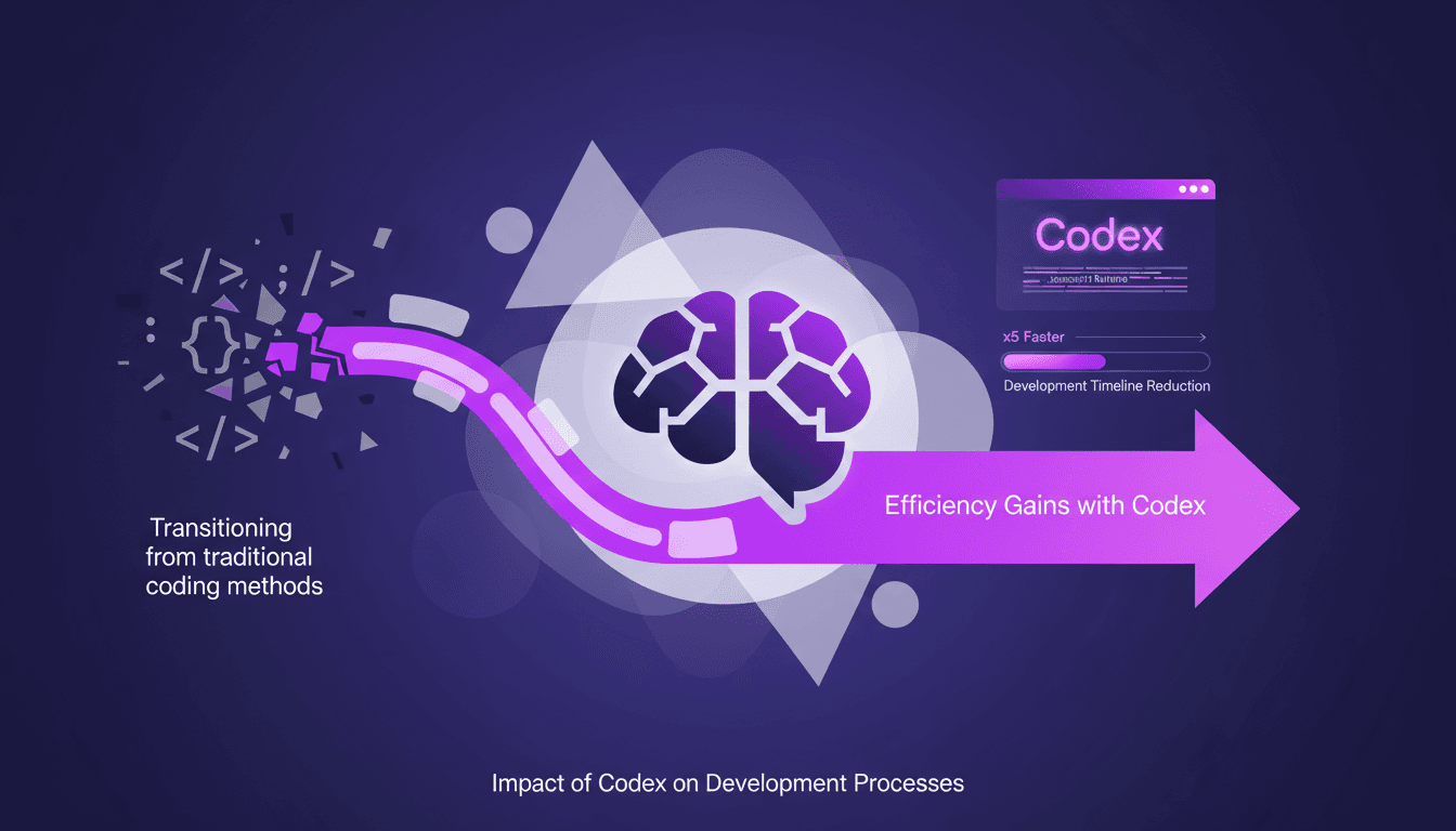 Illustration moderne représentant les gains d'efficacité avec Codex, réduction du temps de développement, transition vers de nouvelles méthodes de codage.
