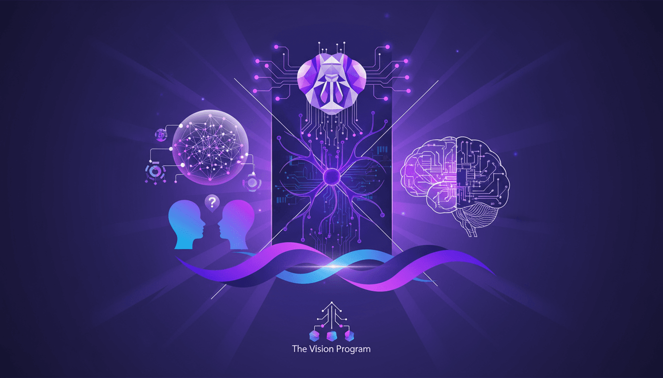Modern illustration of advancements in biological computing with human neurons, fly brain emulation, and AI impact.