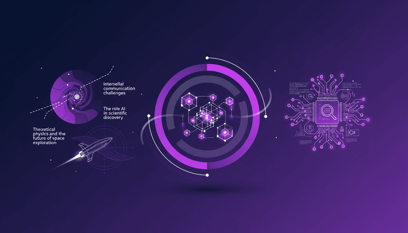 Illustration moderne de la vitesse de la lumière, mécanique quantique, super déterminisme, IA et exploration spatiale, minimaliste et professionnelle.