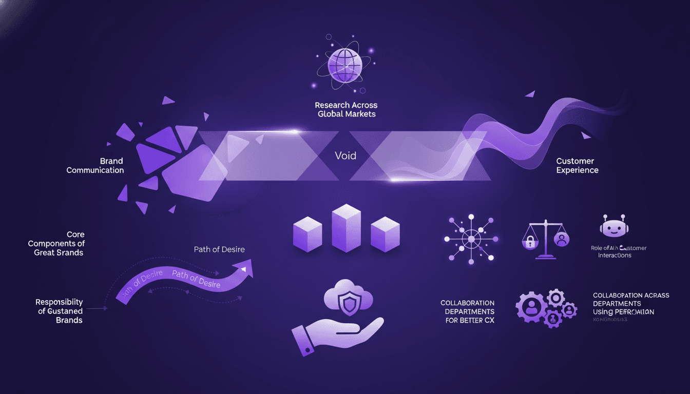 Modern minimalist illustration on gap between brand communication and customer experience, AI role, privacy, and personalization.
