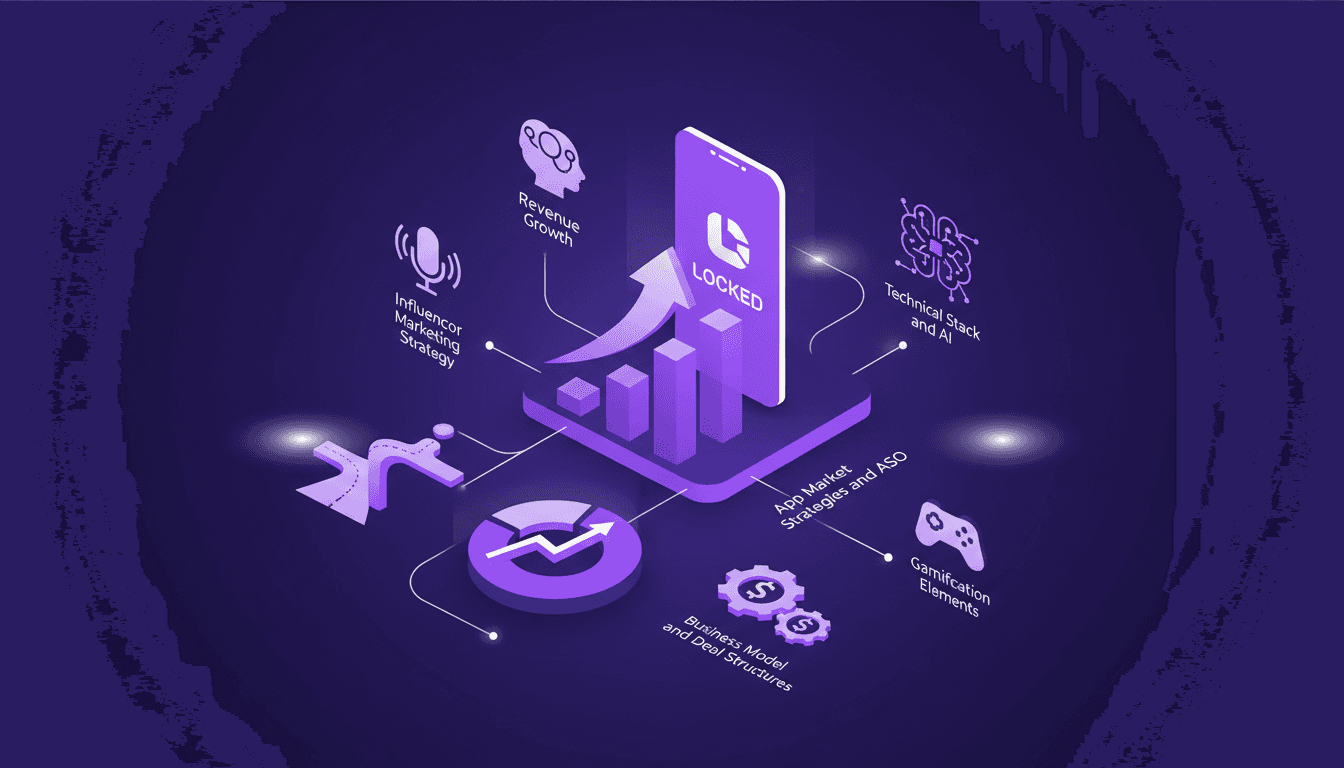 Modern illustration of Evan's development journey with Locked, influencer marketing strategy, revenue growth, and ASO.
