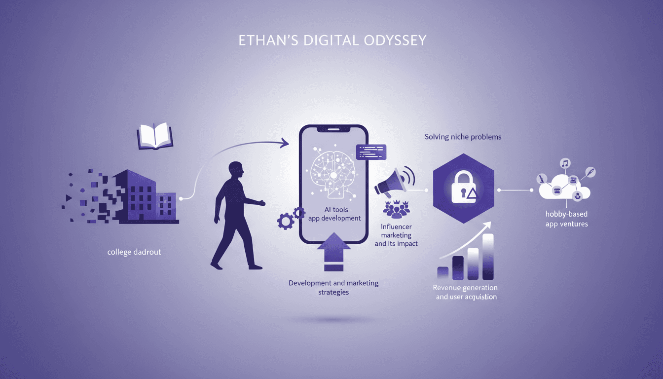 Illustration moderne d'Ethan, développeur d'apps, utilisant l'IA pour le marketing et la croissance, avec des couleurs indigo et violet.