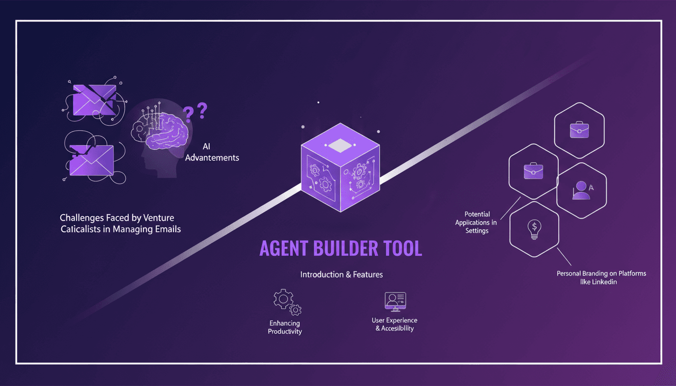 Illustration moderne des défis des capital-risqueurs avec les emails et l'IA, Agent Builder et son accessibilité, applications professionnelles de l'IA.