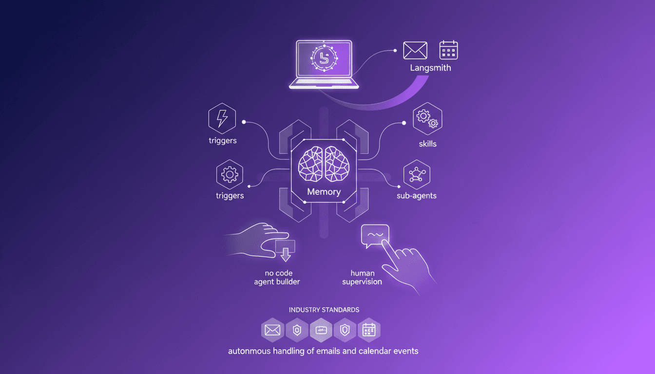 Modern illustration of no-code AI email assistant using Langmith, Gmail and calendar integration, memory, triggers, skills features.