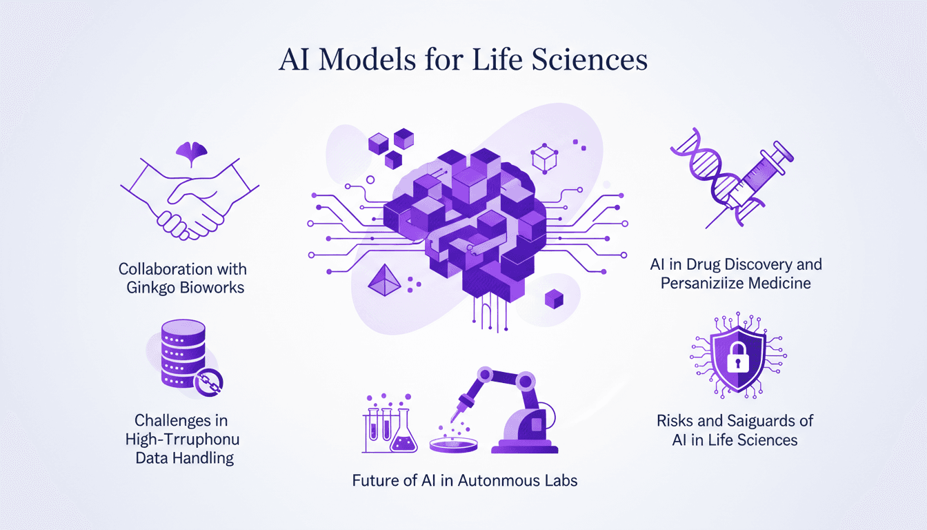 Illustration moderne de l'IA dans les sciences de la vie, collaboration avec Ginkgo Bioworks, défis des données massives, médecine personnalisée.