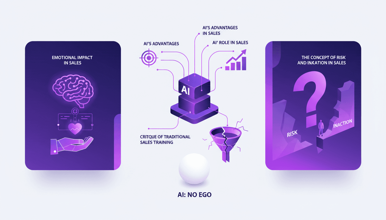 Illustration moderne de l'impact émotionnel et rôle de l'IA dans les ventes, critique de la formation traditionnelle, avantages de l'IA, absence d'ego