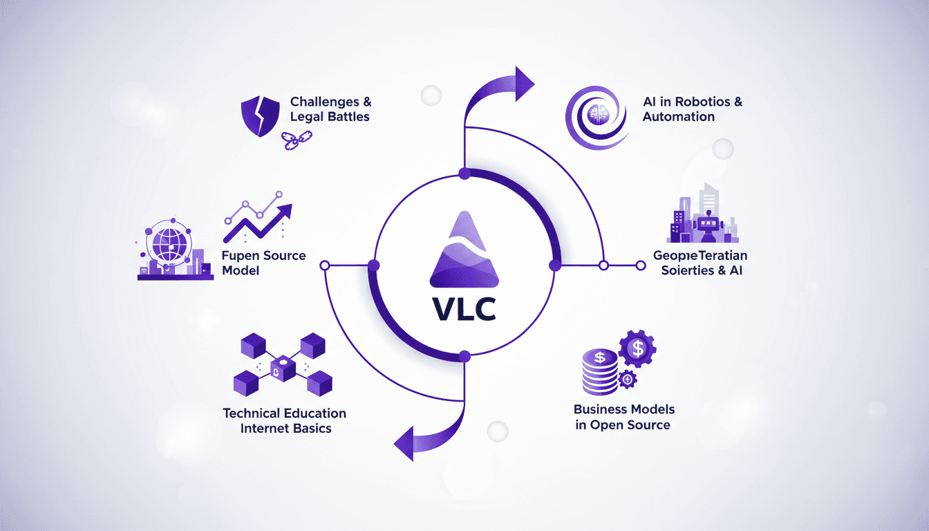 Illustration moderne du parcours de VLC, défis juridiques, modèle open source, tendances IA, impact technologique mondial.
