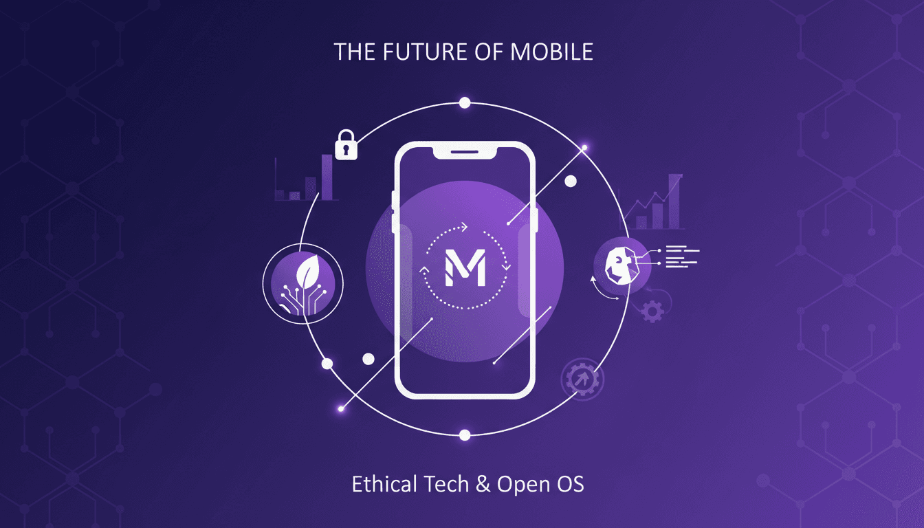 Modern illustration of ethical and sustainable smartphones with Murena OS, highlighting OS development challenges, data protection, and open source role.