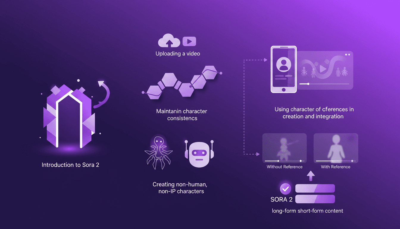 Modern illustration of Sora 2's character creation, showcasing video upload process and AI video consistency for non-human characters.