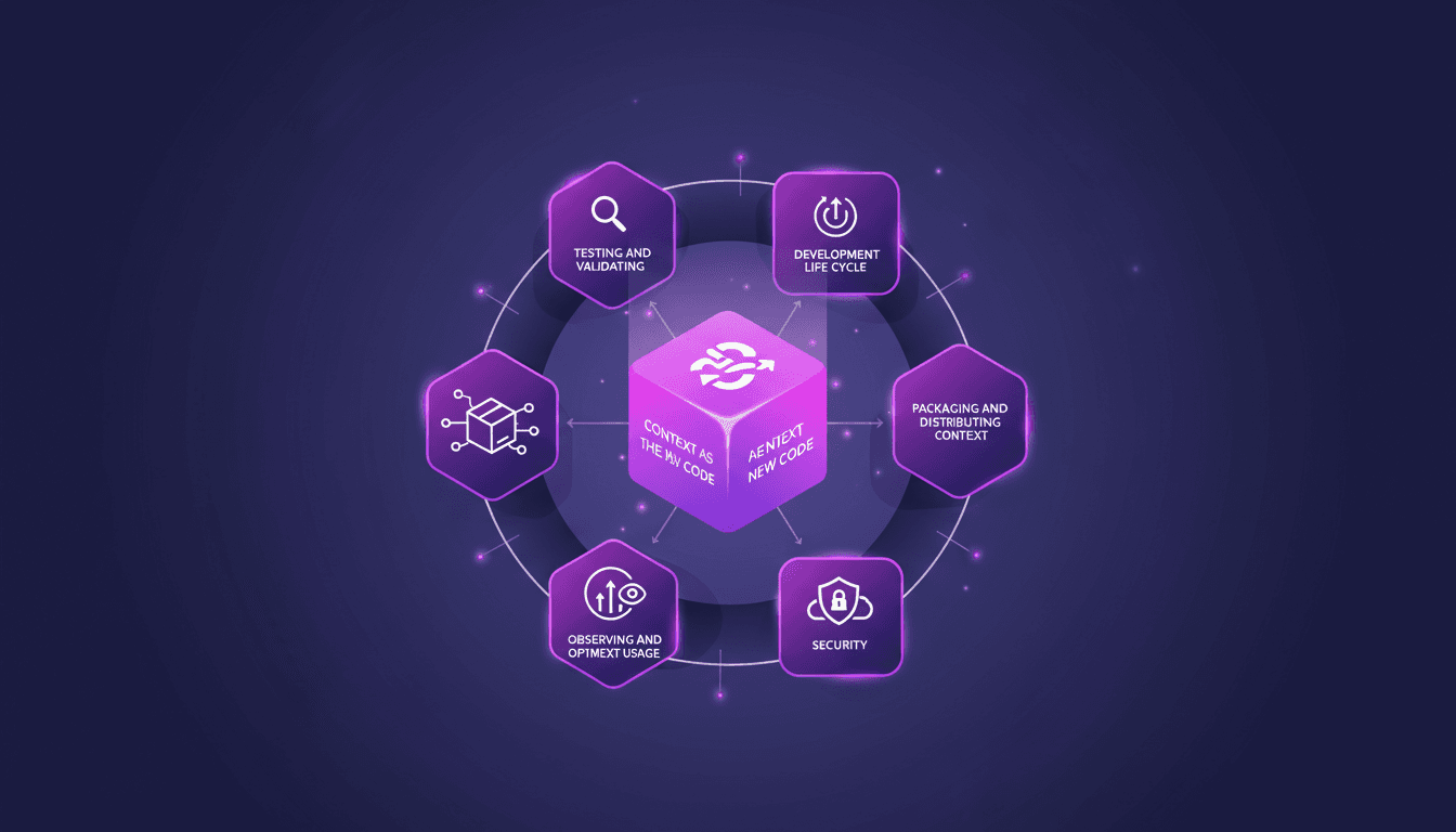 Modern minimalist illustration on context development life cycle with geometric shapes and indigo gradients for AI technology article.