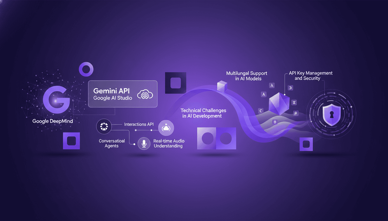 Modern illustration of developer experience at Google DeepMind with Gemini API, Google AI Studio, and multilingual support.