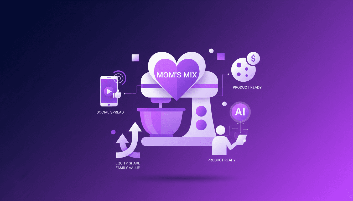 Illustration moderne d'une entreprise de pâte à cookie, nommée d'après la mère, avec soutien familial, stratégie marketing et valeurs entrepreneuriales.