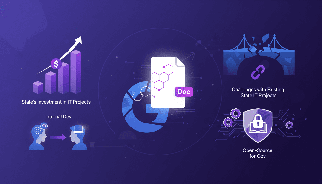 Modern illustration of Doc, an open-source alternative to Google Docs, highlighting State's IT investment and benefits of open-source software.