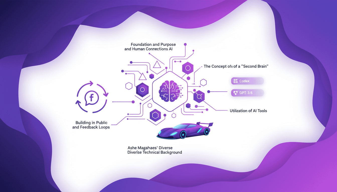 Illustration moderne de Hearth AI, fondation et but, fond technique d'Ashe Magalhaes, voiture solaire, intelligence relationnelle, futur de l'IA.
