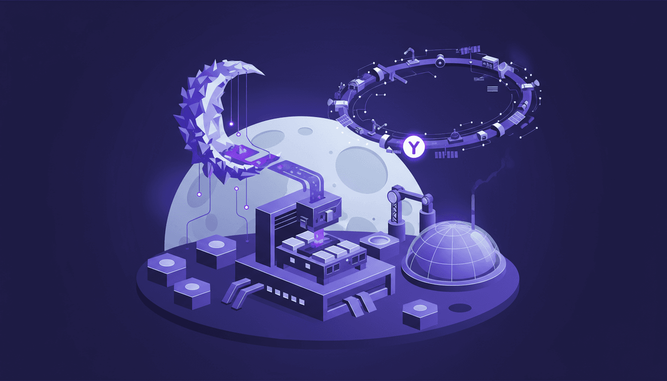 Modern illustration of space industrial capabilities, lunar material extraction, 3D printing with molten regolith, Y Combinator's role.