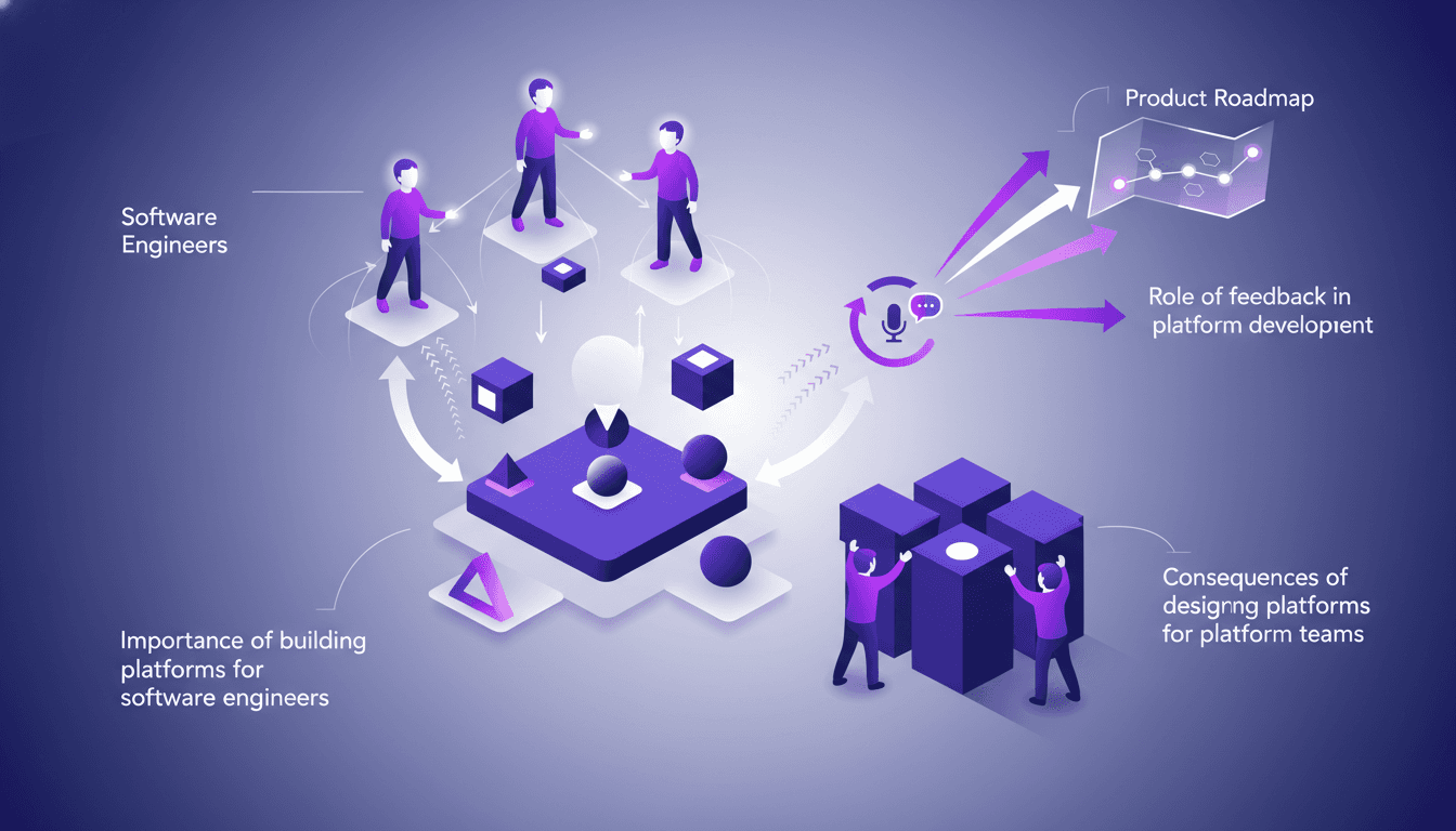 Modern illustration on the importance of platforms for software engineers, communication, and feedback impact on product roadmaps.