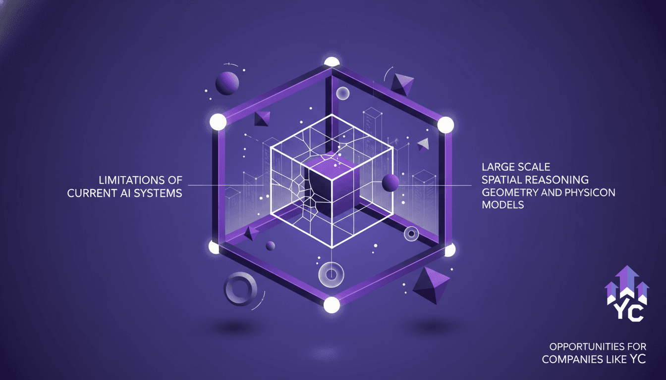Modern illustration on AI limitations in spatial tasks, need for spatial reasoning models, opportunities for YC, with geometric shapes.