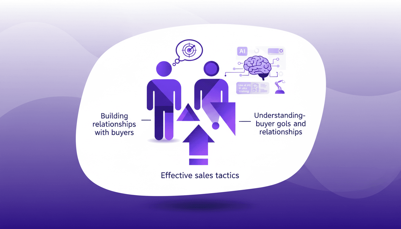 Modern illustration of client relationships, buyer goals, effective sales tactics, AI in training, indigo-violet palette