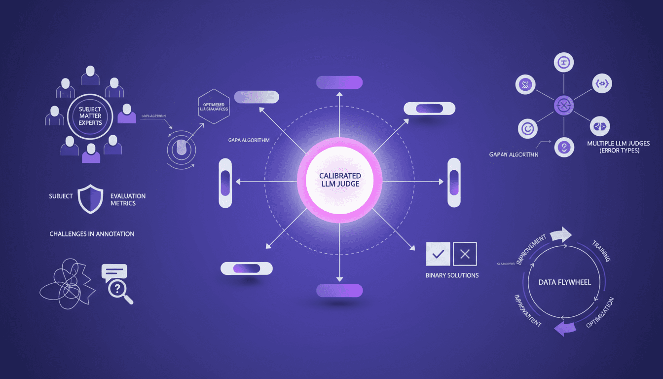 Modern illustration of calibrated LLM judges in AI development, optimized by GAPA algorithm, with experts defining evaluation metrics.