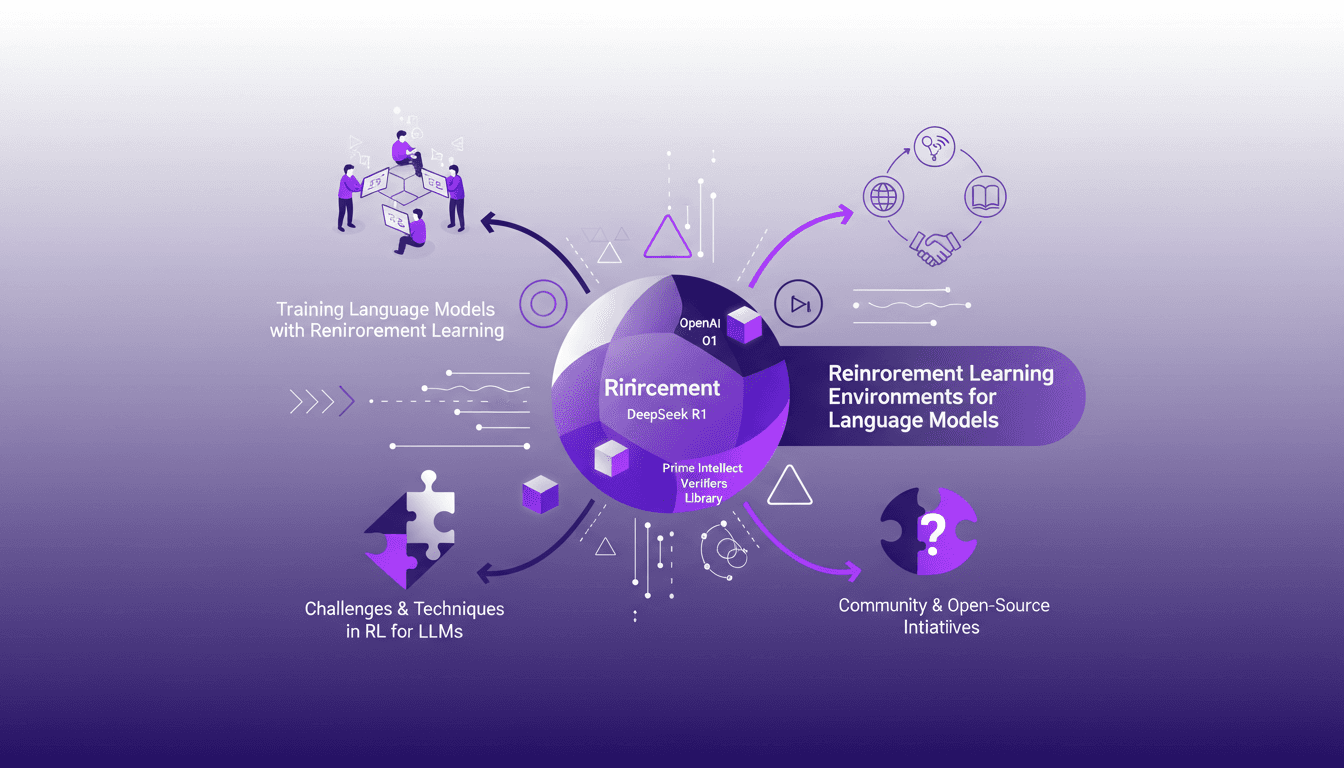 Modern illustration of reinforcement learning environments for language models, OpenAI's O1 series, DeepSeek R1, in AI context.