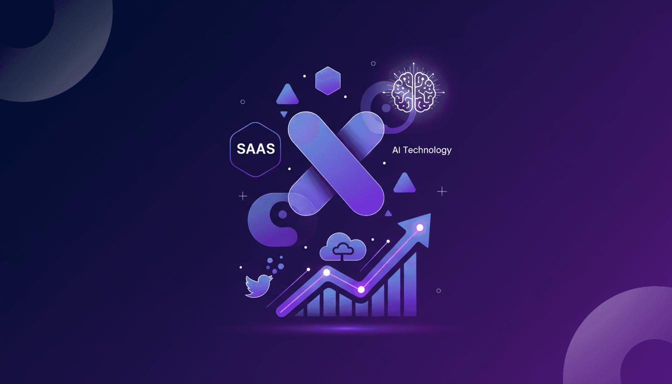 Illustration of building a SAS business on Twitter with AI technology, content strategy, and audience growth.