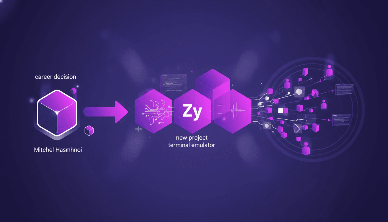 Modern illustration of Mitchel Hashimoto creating a terminal emulator with Zy, impacting the tech community, in indigo and violet tones.