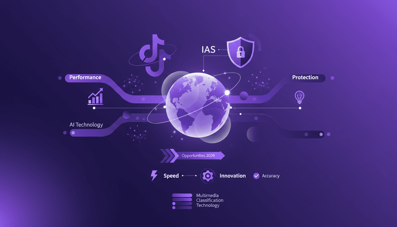 Illustration moderne de TikTok montrant sa base d'utilisateurs mondiale, l'IA dans la publicité et la sécurité de marque.