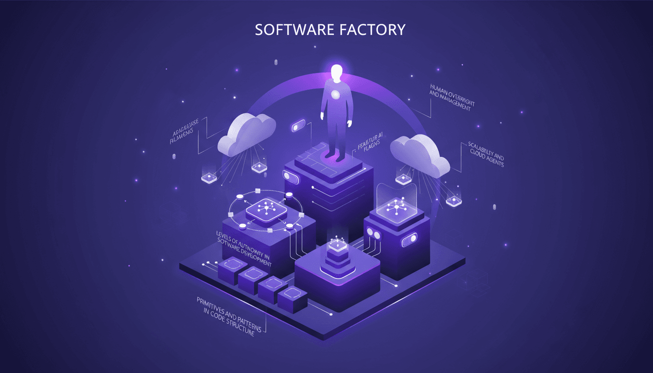 Illustration moderne représentant une usine logicielle avec autonomie, agents IA, vérification, évolutivité et gestion humaine.