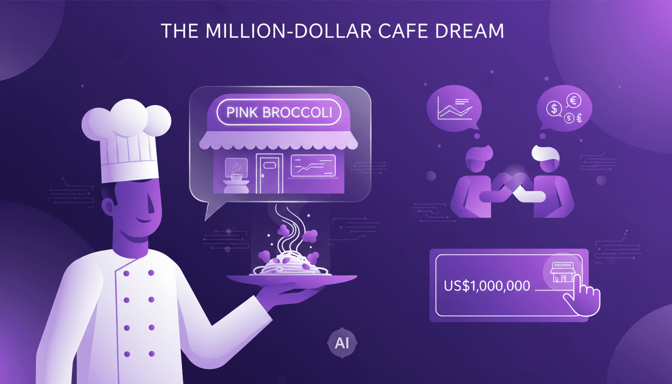 Modern illustration of meeting a chef, his Pink Broccoli cafe dream, and the influence of winning a million dollars.