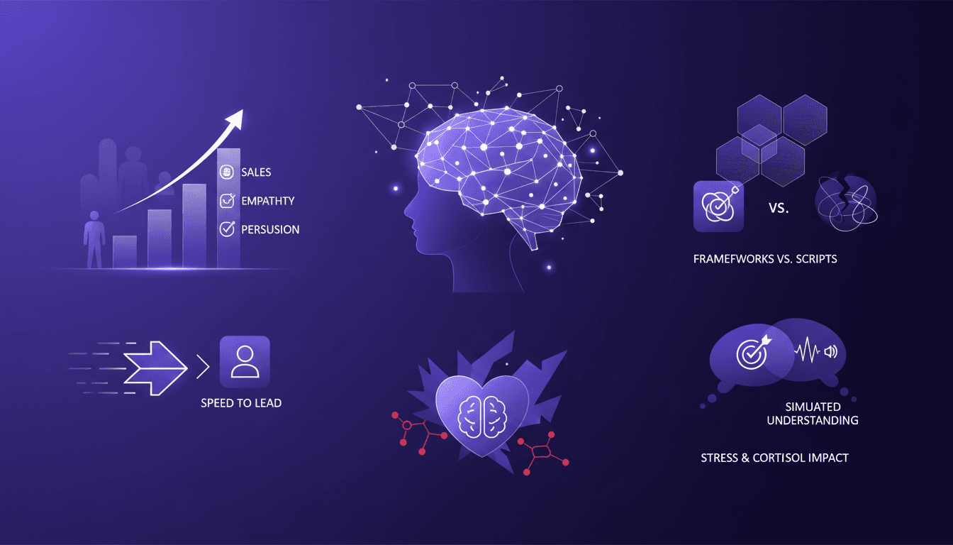 Modern illustration of AI outperforming humans in sales, empathy, and persuasion, featuring geometric shapes and indigo gradients.