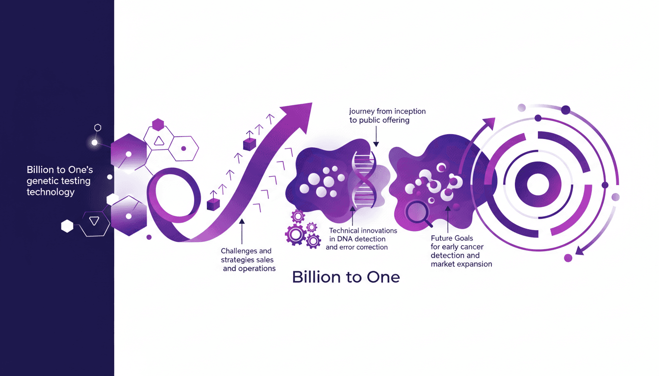 Modern illustration of Billion to One's genetic testing tech, highlighting its evolution from prenatal to cancer detection and market expansion.
