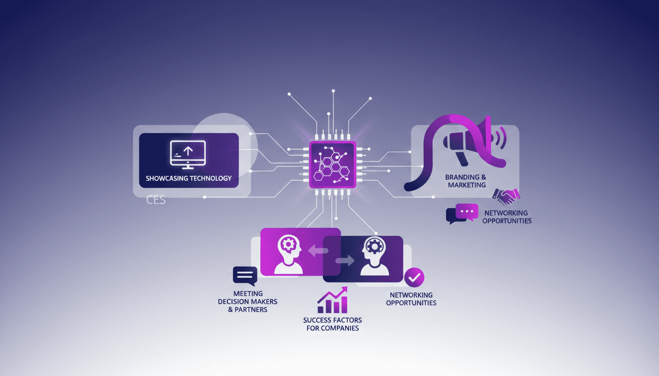 Modern minimalist illustration highlighting CES's role in AI technology showcasing, branding, marketing, and networking, with geometric shapes.