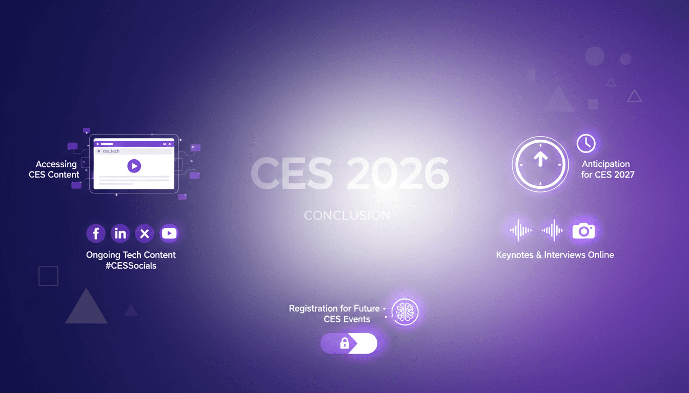 Illustration moderne de la conclusion du CES 2026 avec accès au contenu sur ces.te, anticipation pour CES 2027, et inscriptions futures.