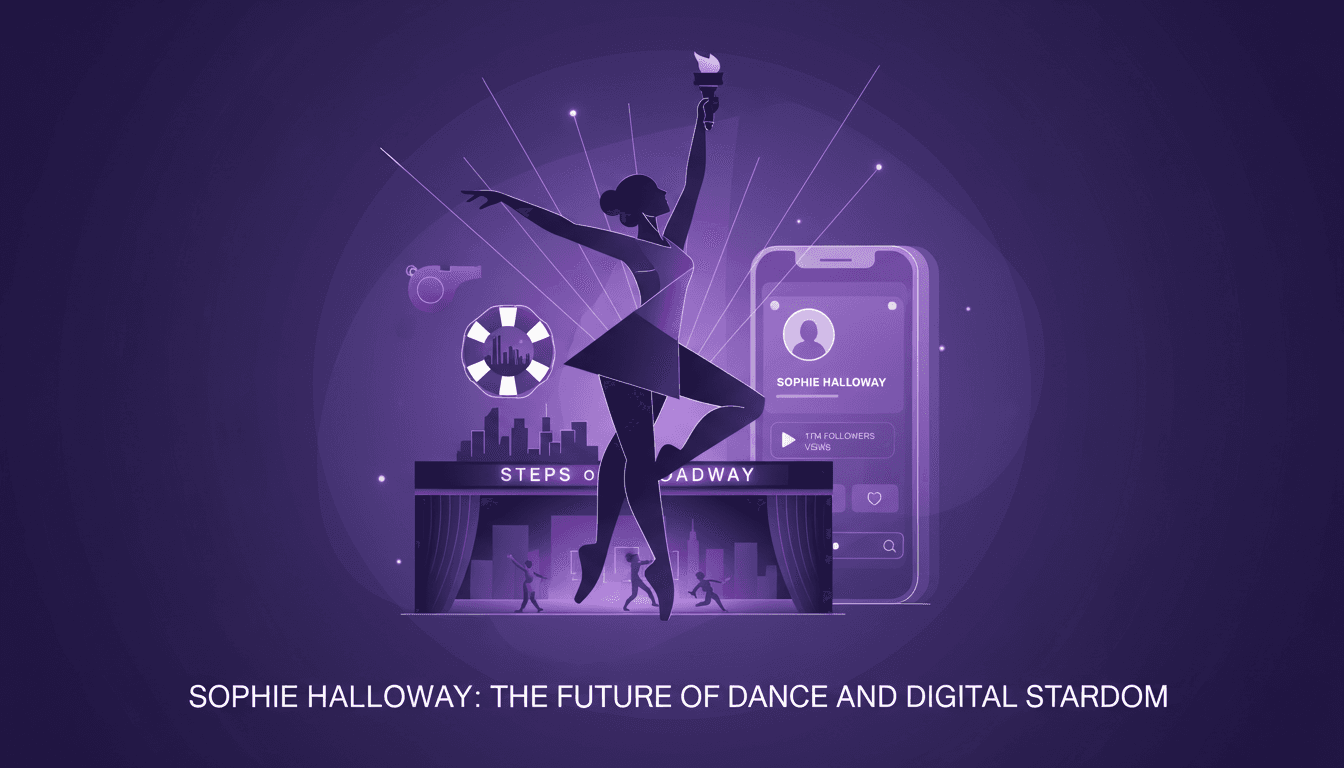 Modern illustration of Sophie Halloway, famous dancer, lifeguard in New York, trained at Steps on Broadway, social media star.