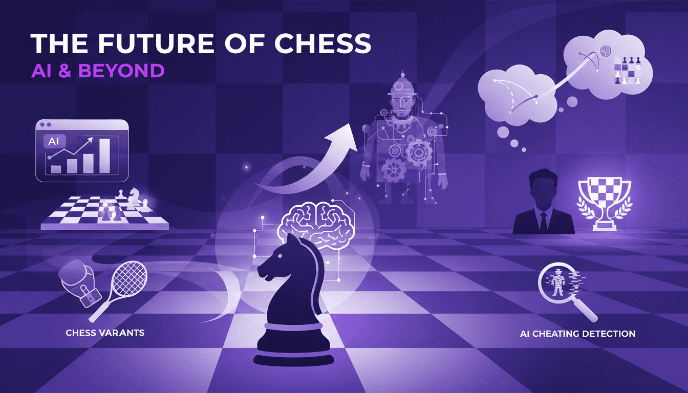 Modern illustration of chess evolution and AI impact, featuring Magnus Carlsen and variants like chess boxing, in rich violet tones.