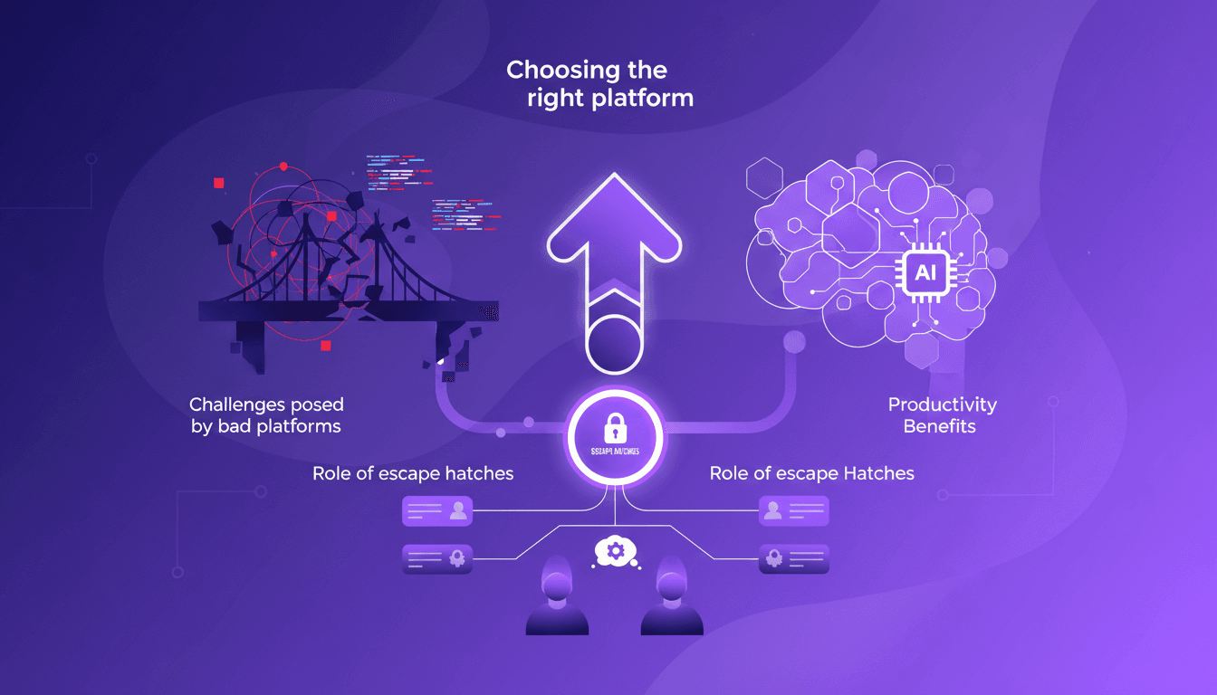 Modern illustration on choosing the right platform for developers, featuring geometric shapes and gradients, highlighting productivity and challenges.