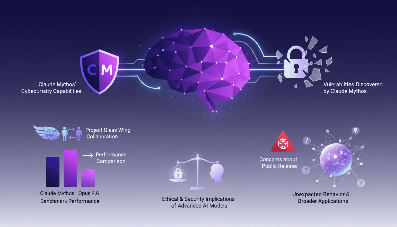 Modern illustration of Claude Mythos' cybersecurity capabilities, compared to Opus 4.6, with ethical implications of advanced AI.