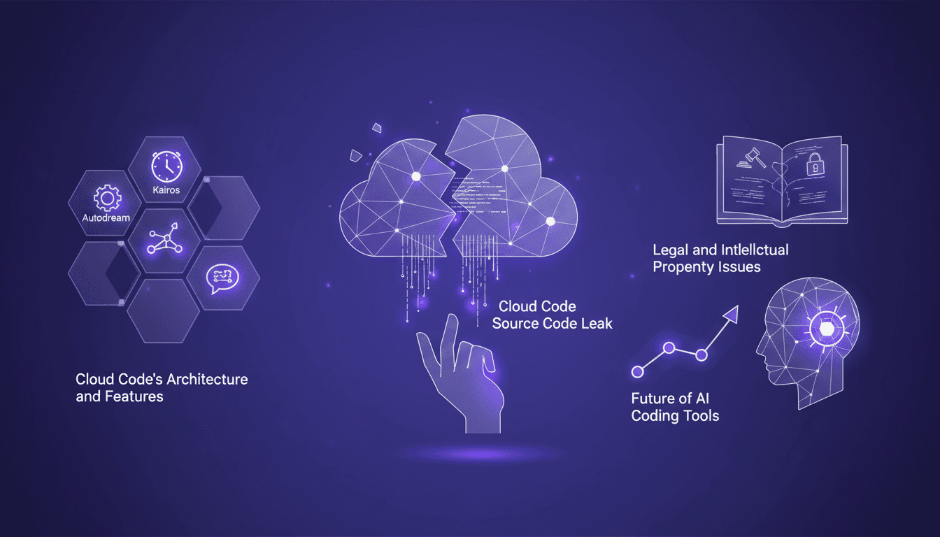 Illustration moderne sur la fuite de code source Cloud Code, implications de sécurité, erreurs humaines, architecture, futur outils IA