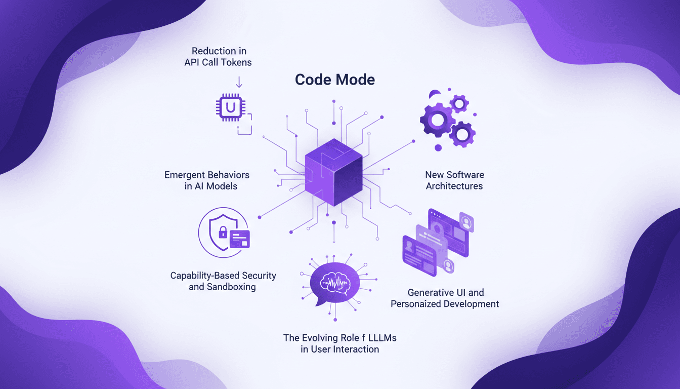 Illustration moderne de l'introduction au Code Mode, réduction des jetons d'appel API, comportements émergents en IA, architectures logicielles innovantes.