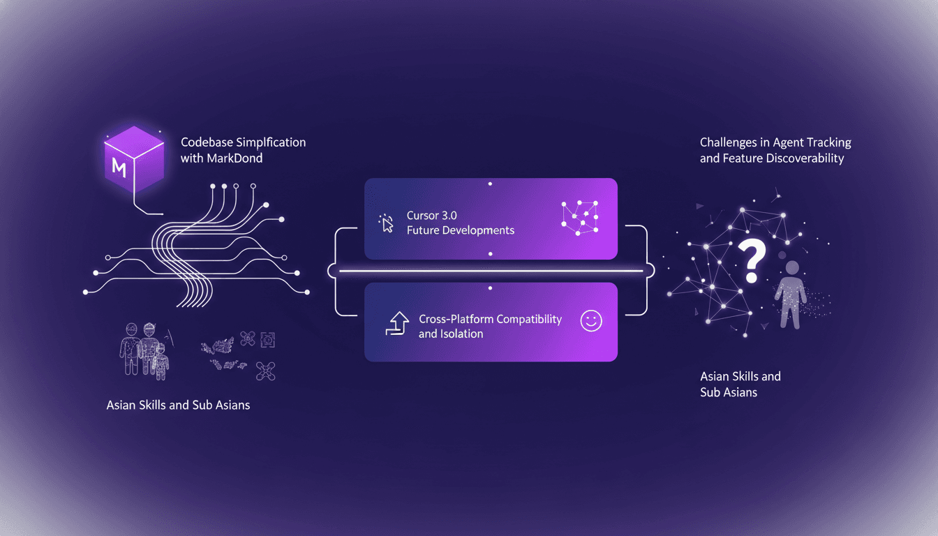 Modern illustration on codebase simplification with Markdown, Git word trees, cross-platform compatibility, and Cursor 3.0.