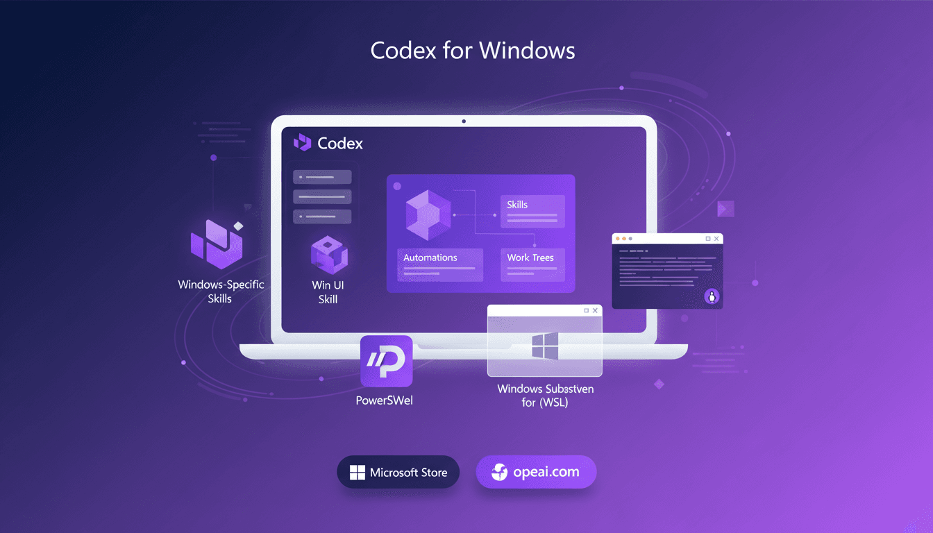 Illustration moderne de l'application Codex sur Windows, utilisant PowerShell et Windows Sandbox, avec des fonctionnalités d'automatisation et de compétences.