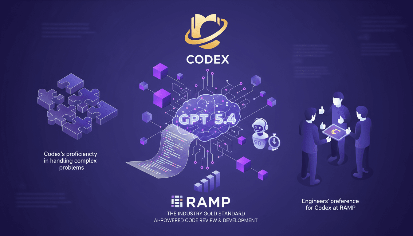 Modern illustration of Codex as gold standard for code review, integrated with GPT 5.4 at RAMP, AI assistant, reduced wait times.