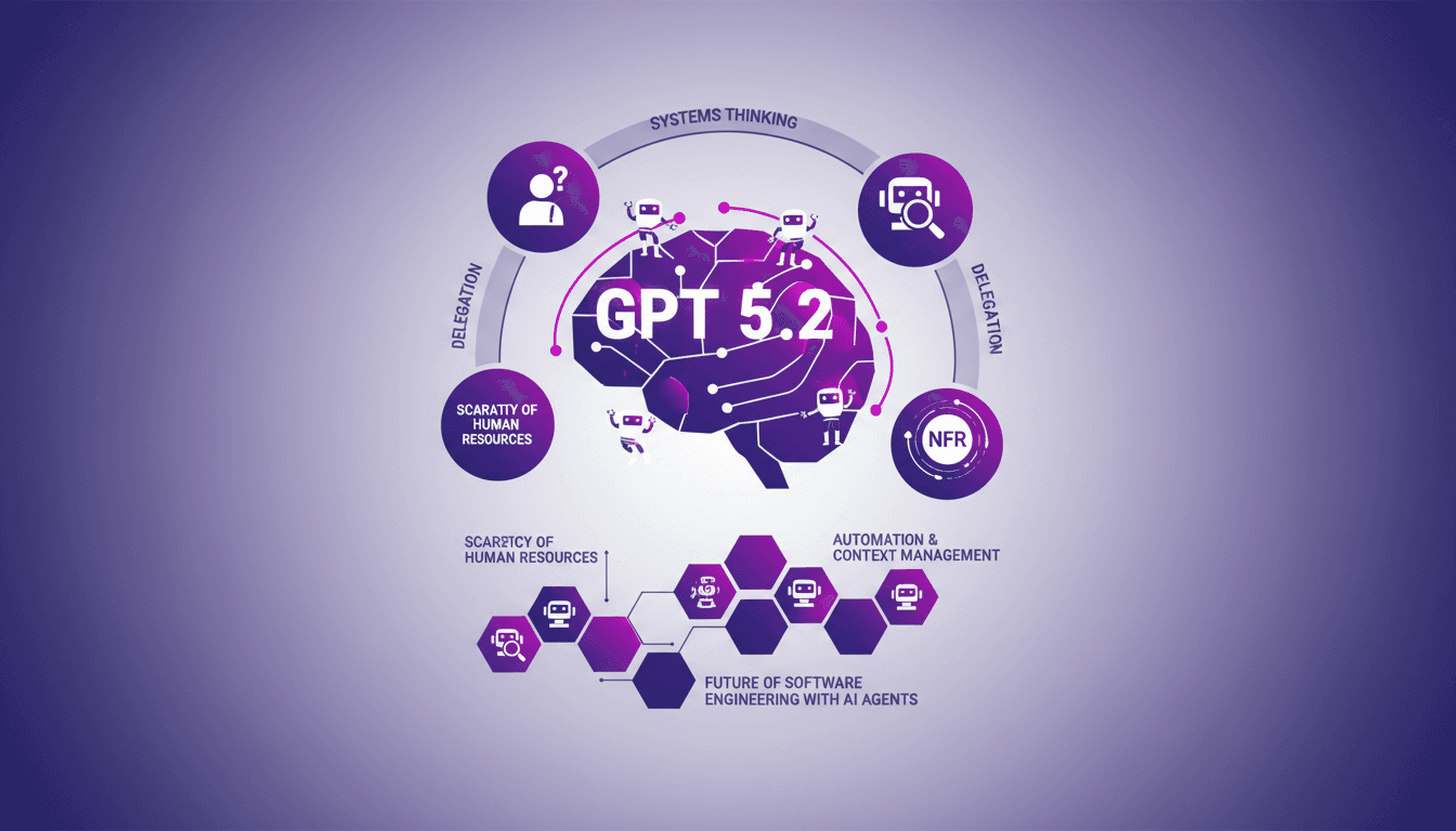 Modern illustration of coding agents and GPT 5.2 advancements, highlighting human resource scarcity and non-functional requirements in software engineering.