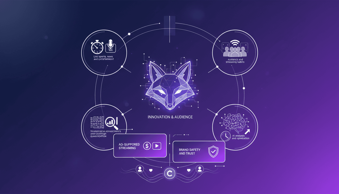 Modern illustration of Fox Corporation focusing on live sports, news, streaming, AI, and brand safety with geometric shapes and gradients.