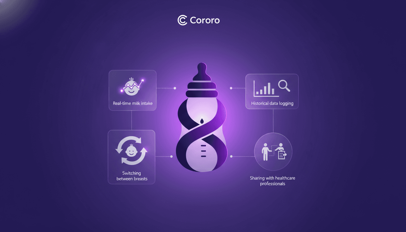 Modern illustration of Cororo with real-time milk intake monitoring, historical data analysis, and professional data sharing features.