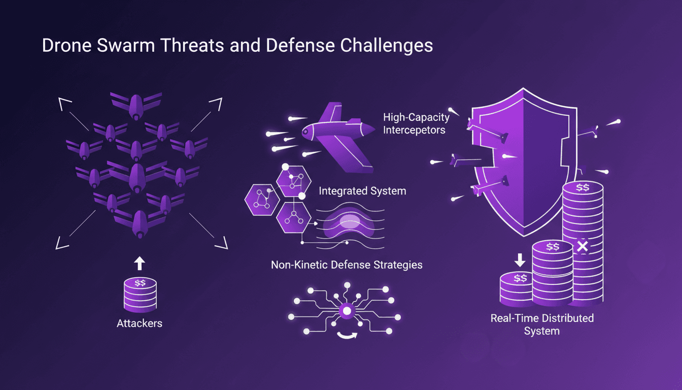 Modern illustration depicting drone swarm threats and defense challenges, highlighting cost disparity and future defense strategies.