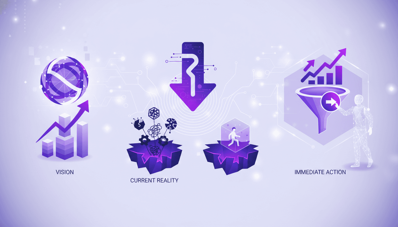 Modern illustration on sales urgency, vision vs current reality, amplifying pain, understanding sales gaps, converting interest to action.